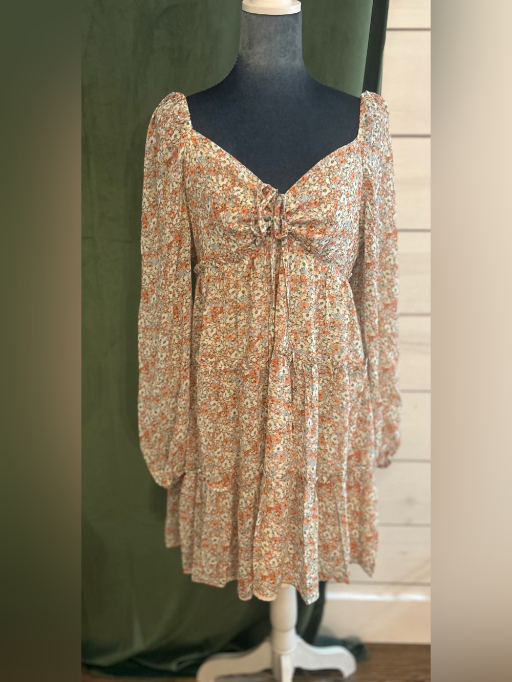 Peach Floral Tie-Front Long Sleeve Mini Dress